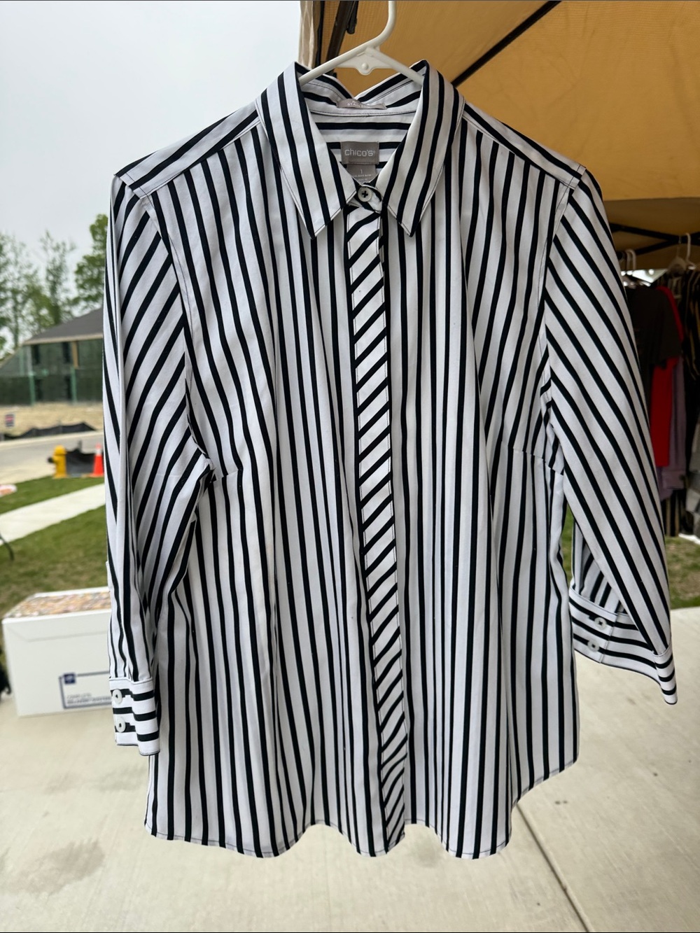 Chico's Black and White Vertical Stripe Button-Front Shirt
